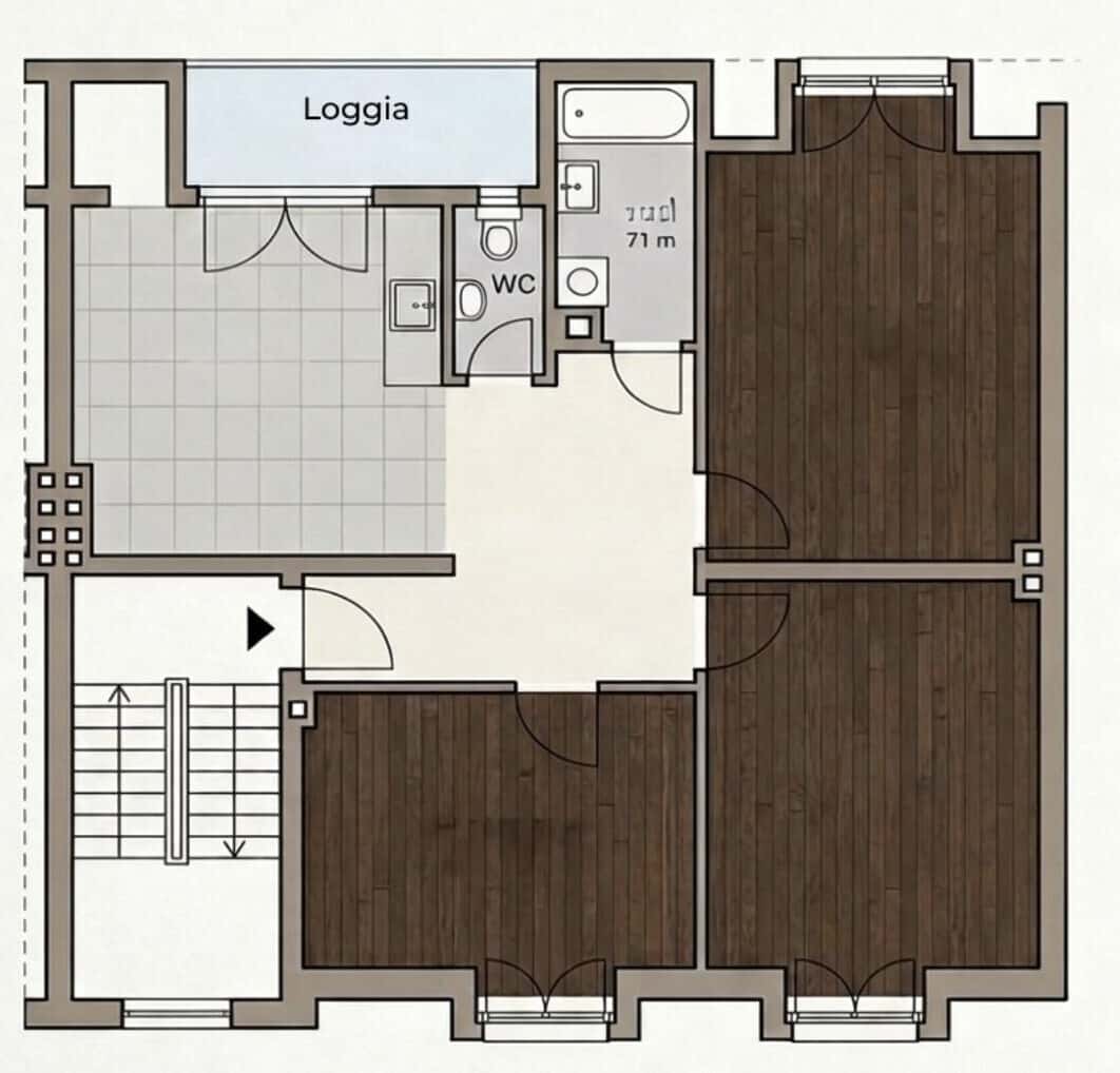 Grundriss 1 – 3-Zi.-Altbauwohnung – mit Loggia & Blick über die Dächer von St. Jobst