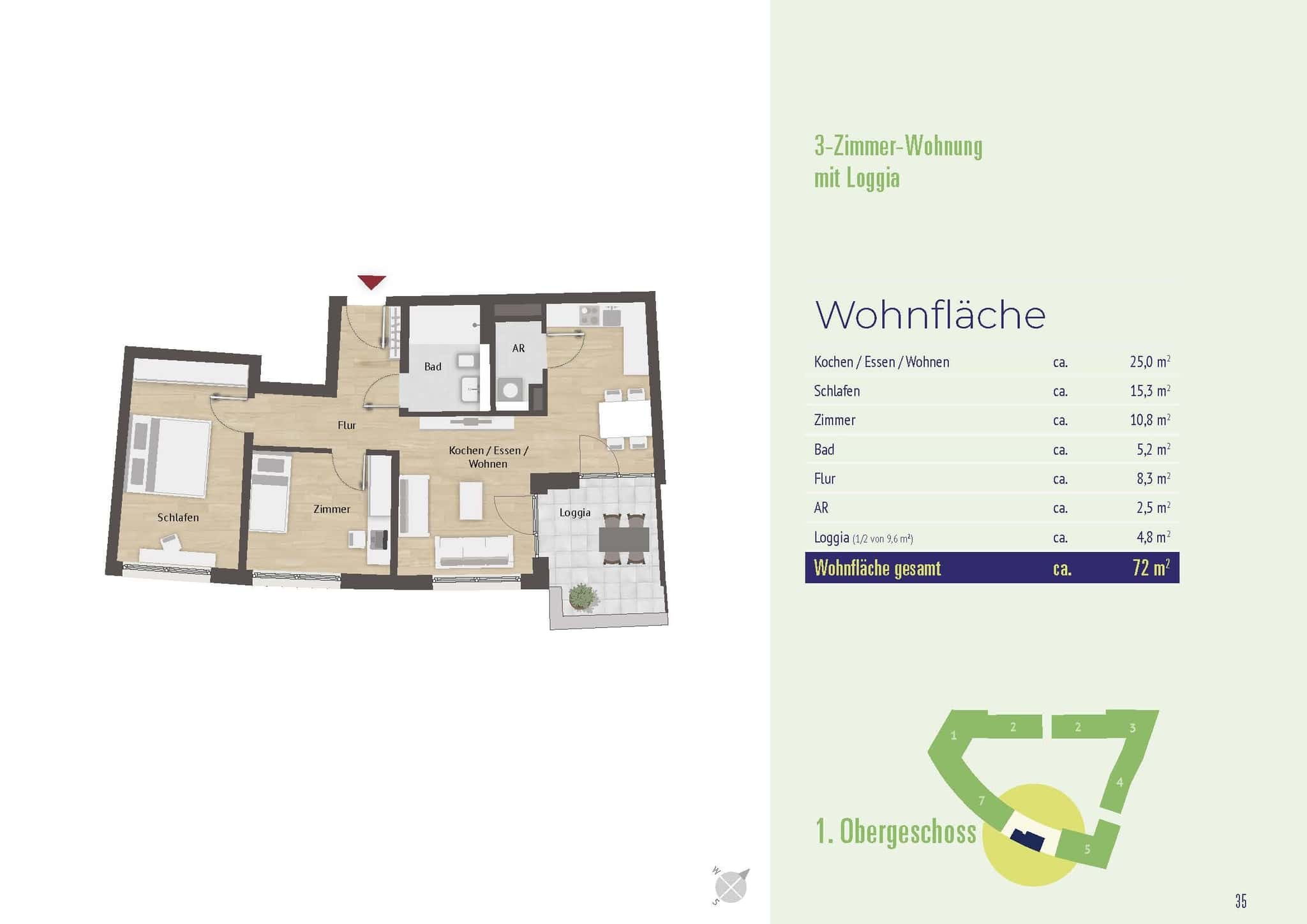 Grundriss 1 – Neubau-Erstbezug: Moderne 3-Zimmer-Wohnung mit Süd-Loggia in Lichtenreuth
