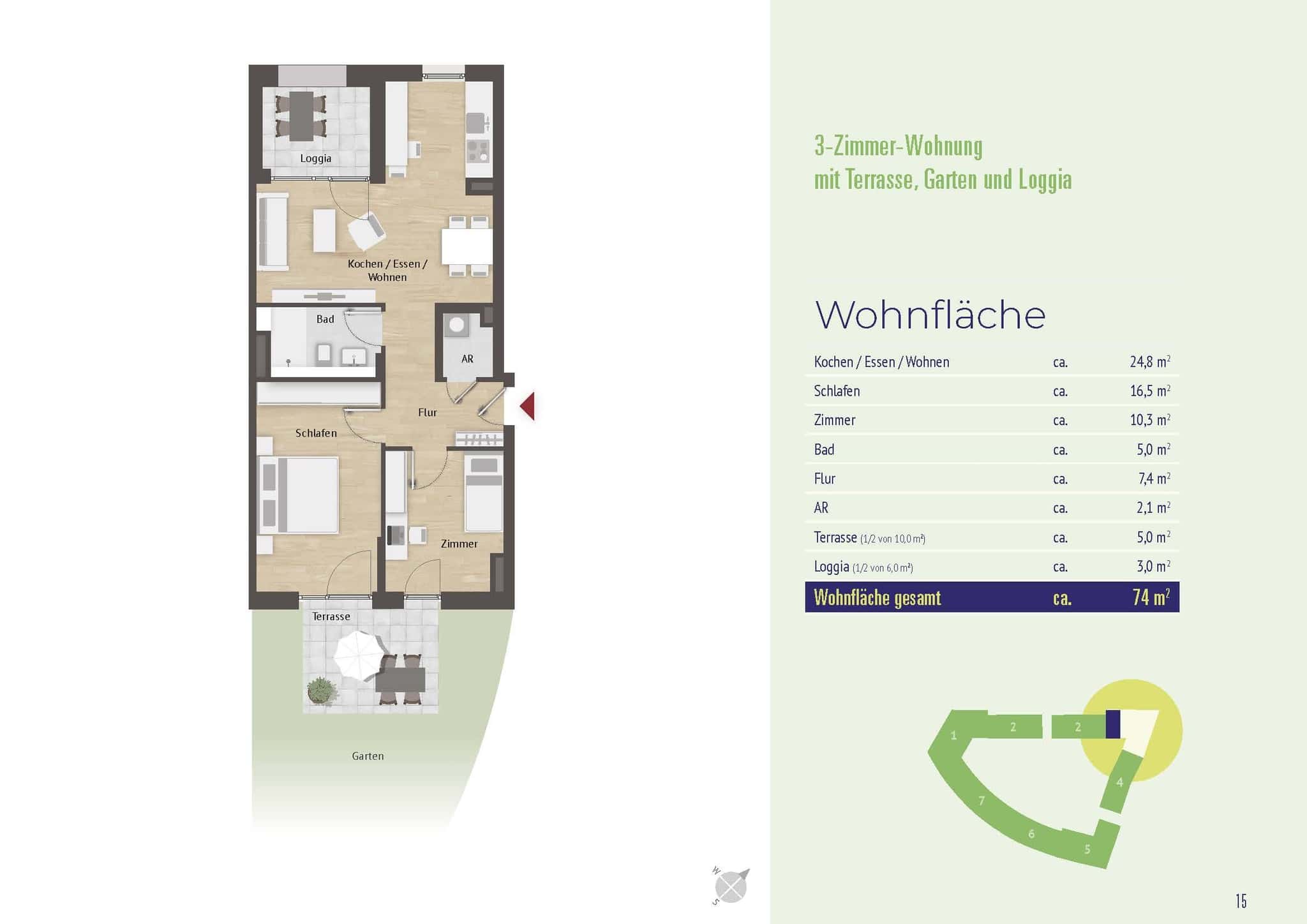 Grundriss 1 – Neubau-Erstbezug: Hochwertige 3-Zimmer-Wohnung mit Terrasse, Gartenanteil und Loggia
